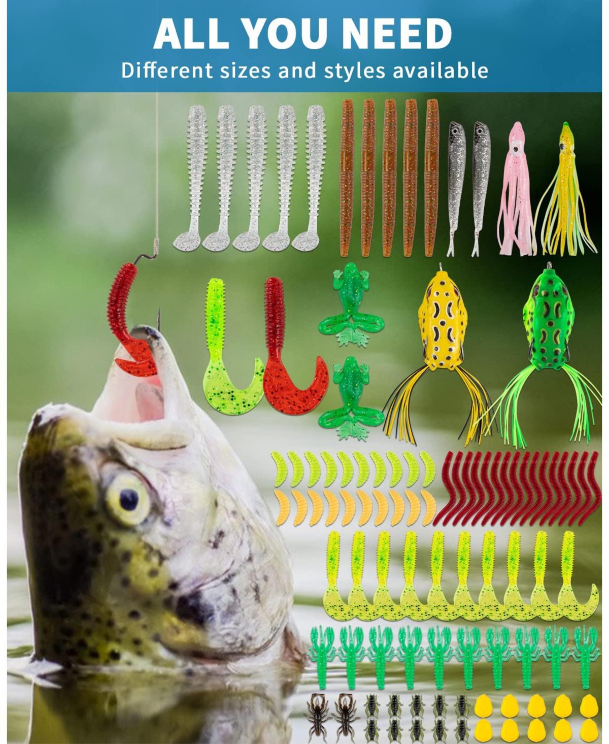 Gnuadz Fishing Lures Kit Spoon Soft Plastic Worms Bass Trout