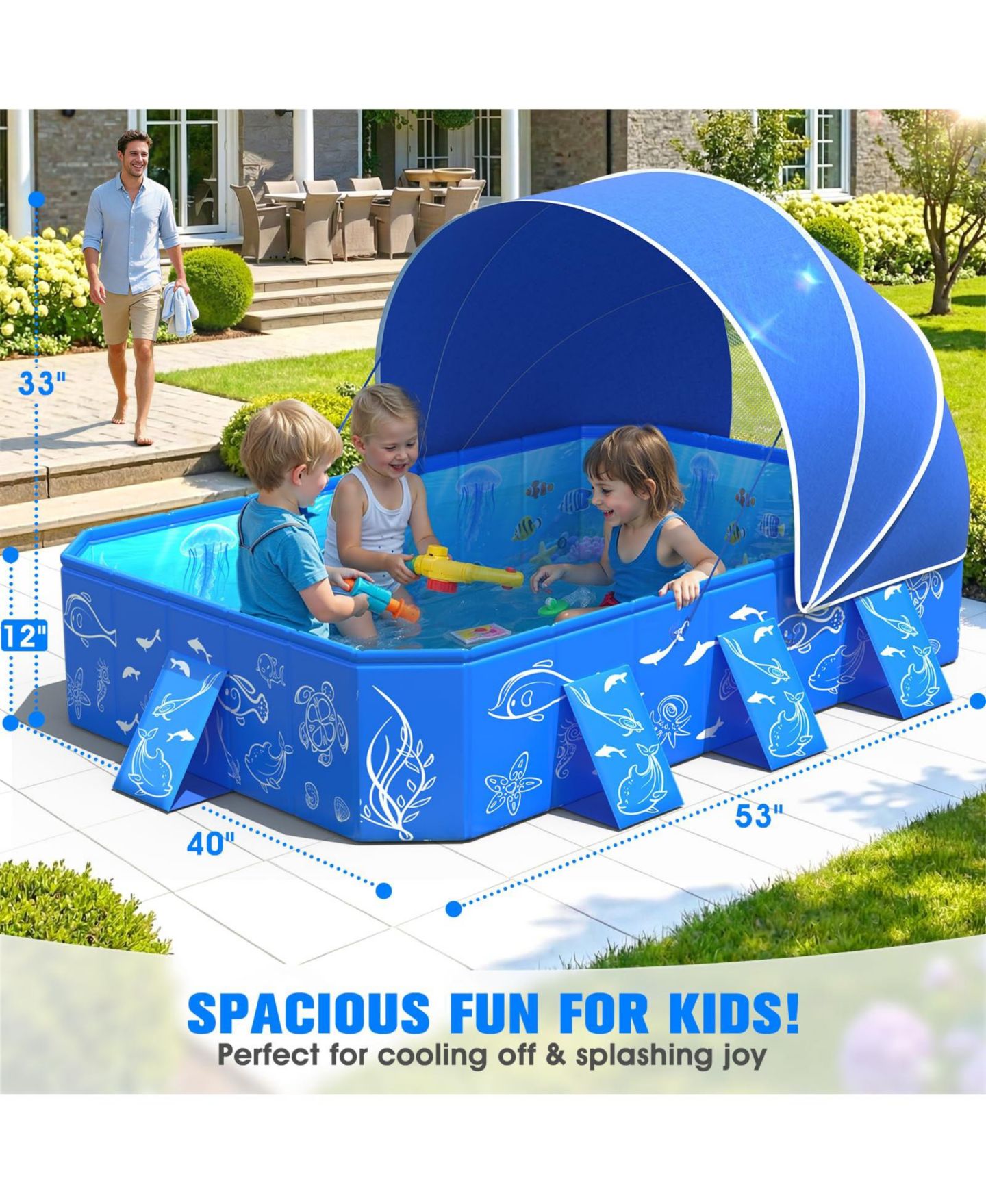 Детская игрушка GNUADZ Non-Inflatable Pop-Up Foldable Kiddie Pool with Canopy, 53"L x 40"W x 33"H, Ages 5+, цвет: Синий — фото 4