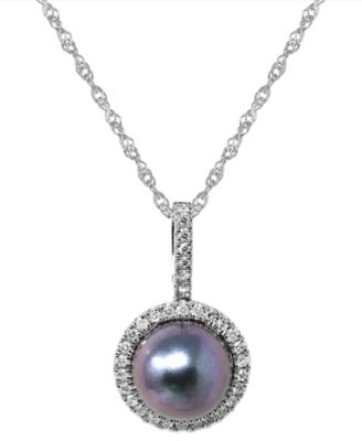 Cultured Tahitian Pearl (8mm) & Diamond (1/8 ct. t.w.) Pendant Necklace in 14k White Gold
