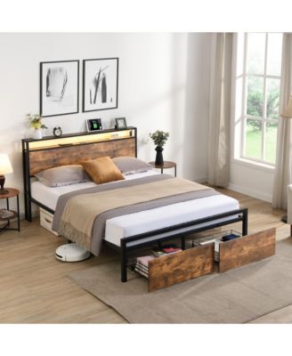 Queen Size Industrial Bed Frame with Storage Headboard LED Lights Charging Station and 2 Underbed Drawers