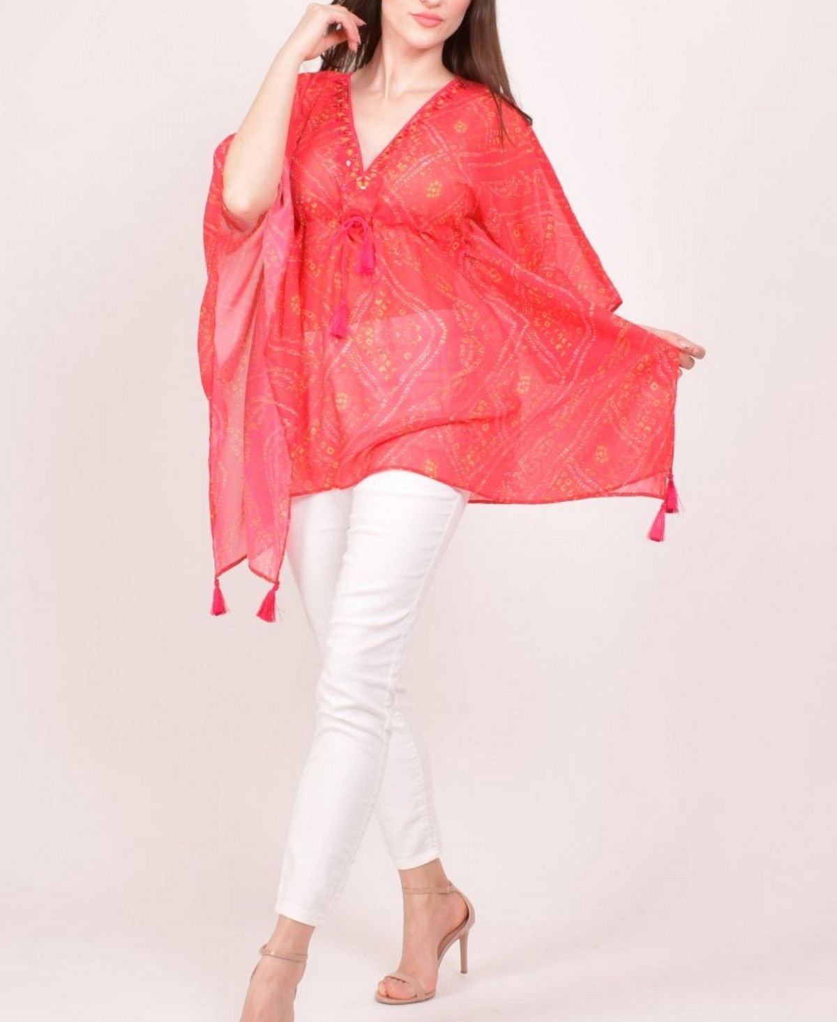 RAAS Women's Bandhani Tie-Dye Mirror Embroidered Boho Kaftan Top view 6 — MAYCSS fashion products