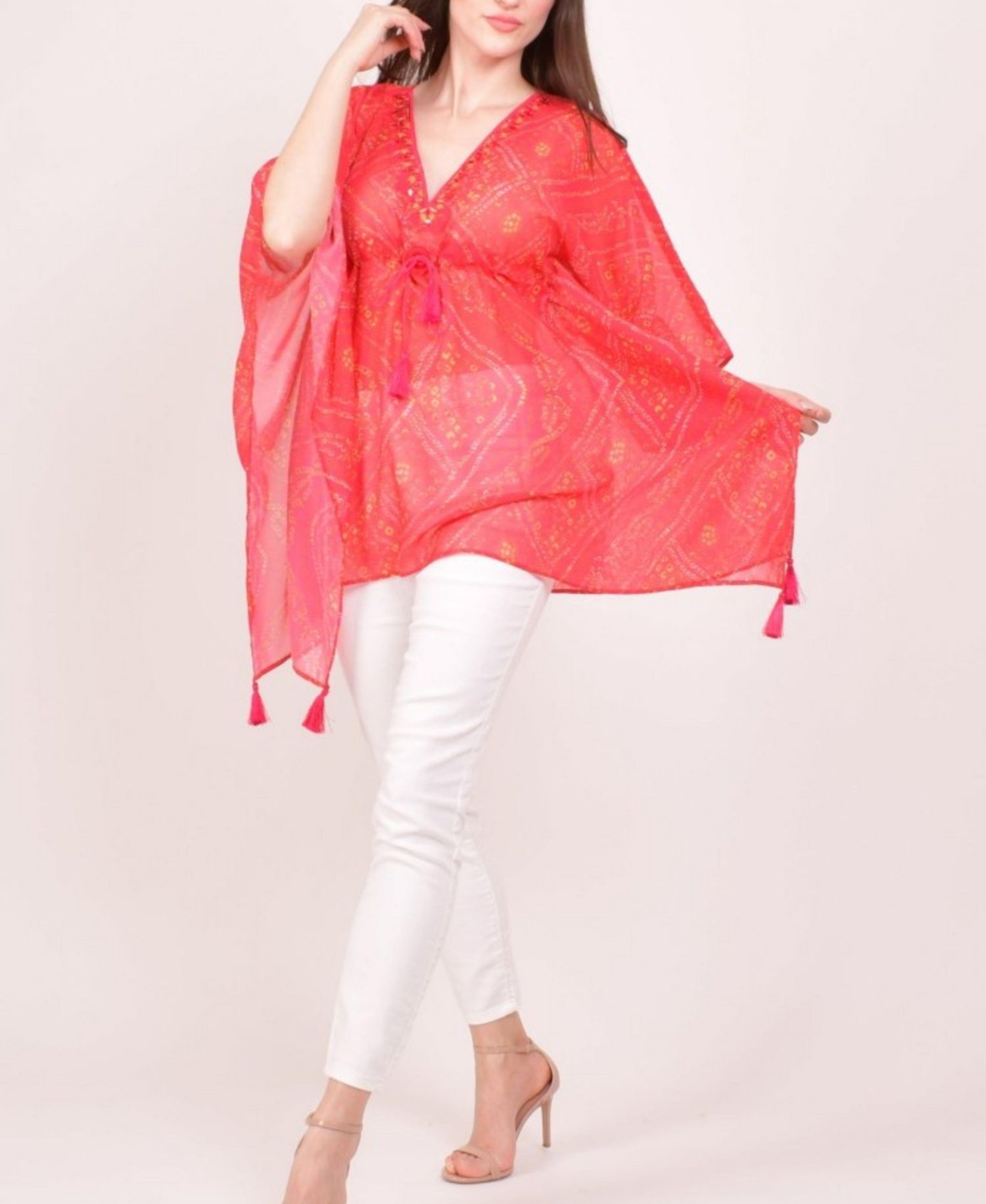 Women's Bandhani Tie-Dye Mirror Embroidered Boho Kaftan Top