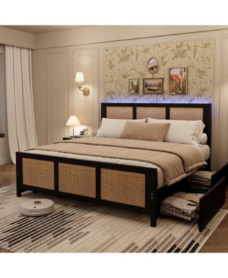 Rattan Platform Bed Frame with Boho Headboard and Metal Slat Support