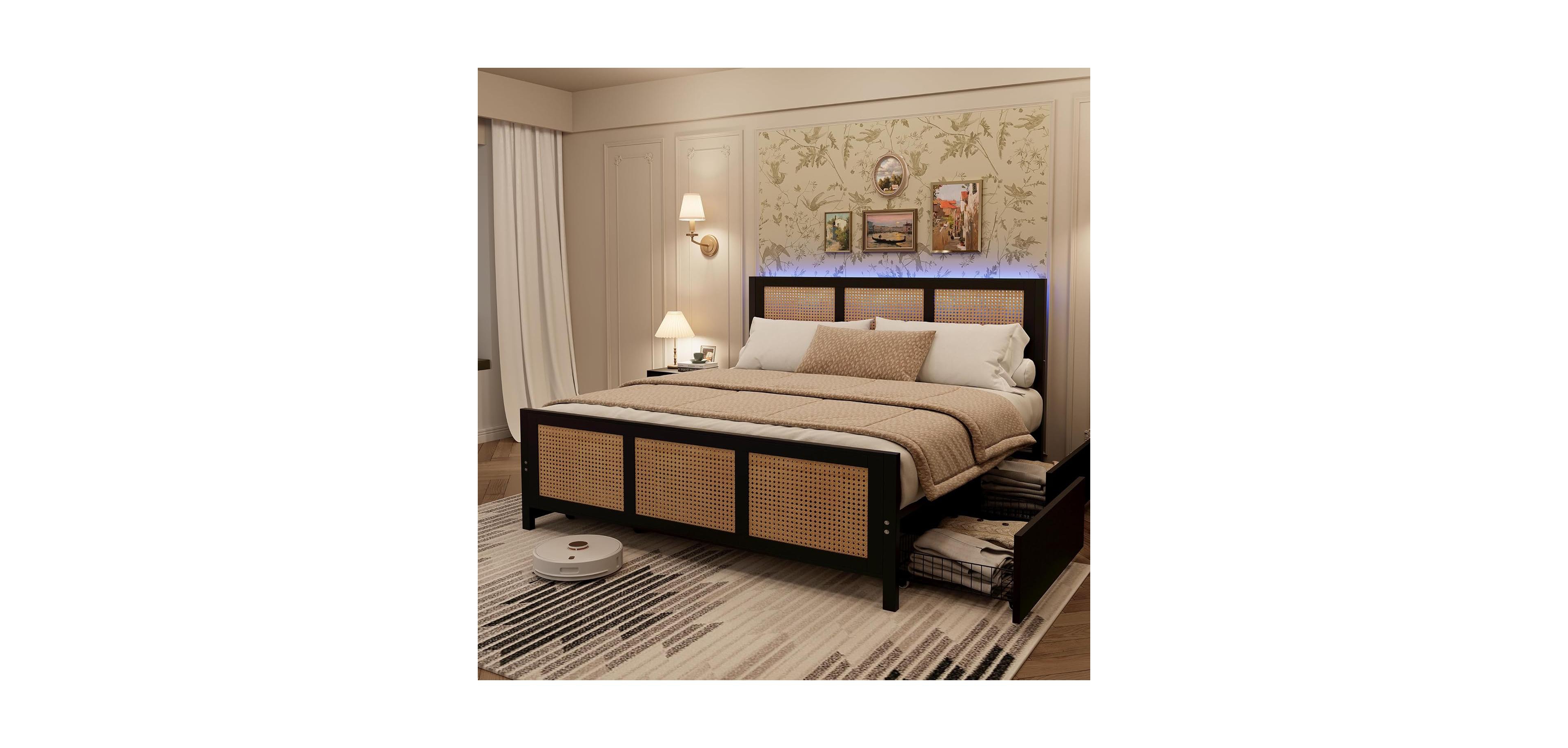 gaomon Rattan Platform Bed Frame with Boho Headboard and Metal Slat Support