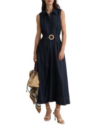 REISS Women's Button-Front Belted Denim Midi Dress