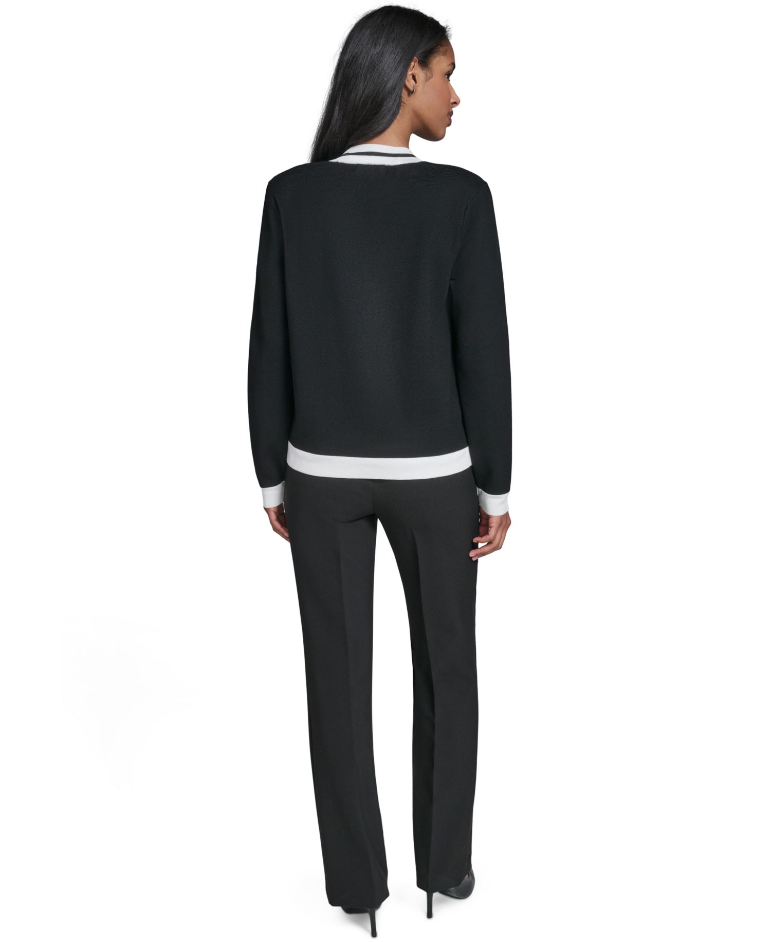 Petite Open-Front Long-Sleeve Knit Cardigan with Contrast Trim