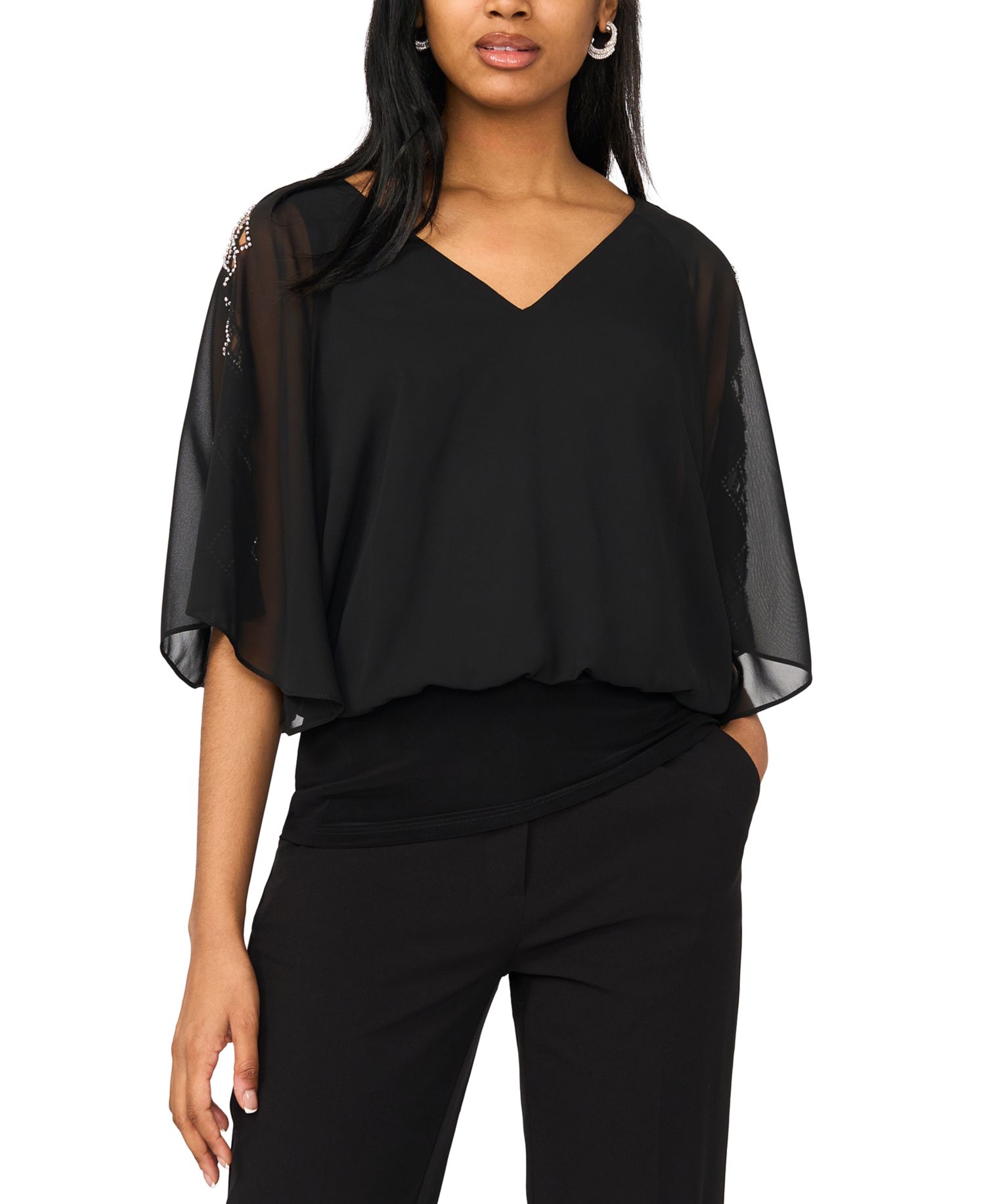 Women's V-Neck 3/4-Length-Sleeve Blouson Top