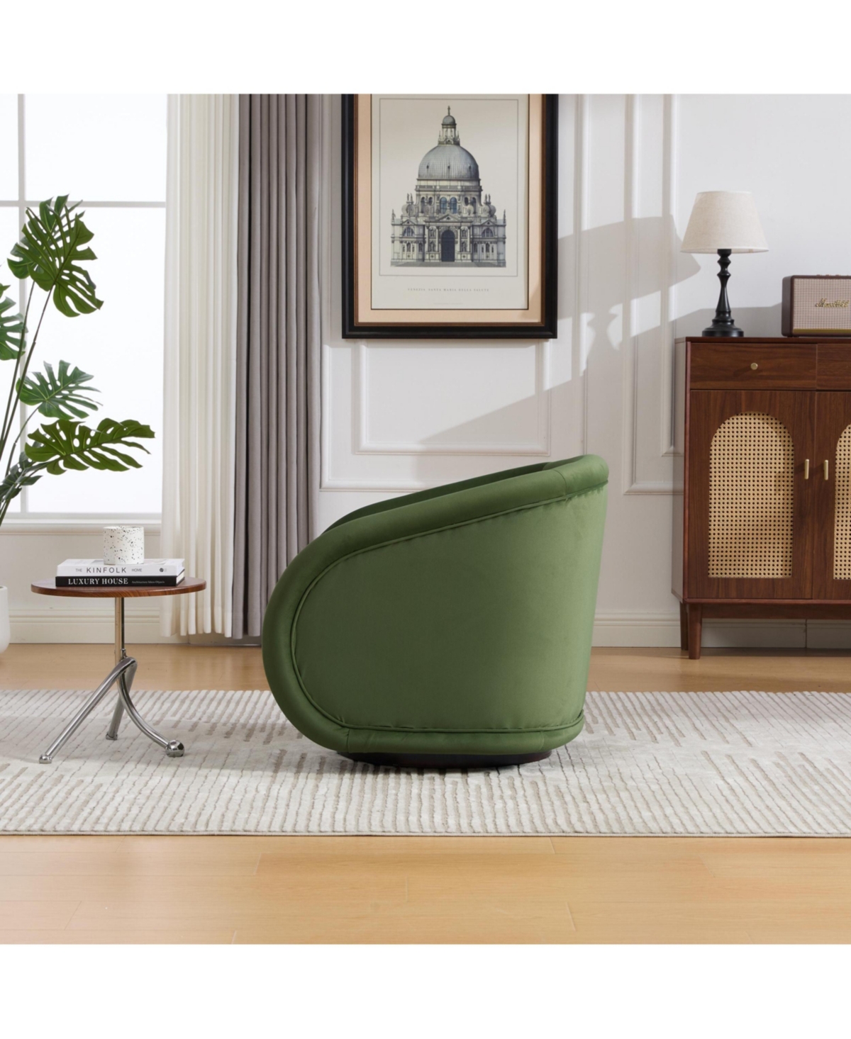 Boyel Living Swivel Accent Chair 360 Degree Velvet Barrel Pumpkin Shaped Brown Rubberwood Base