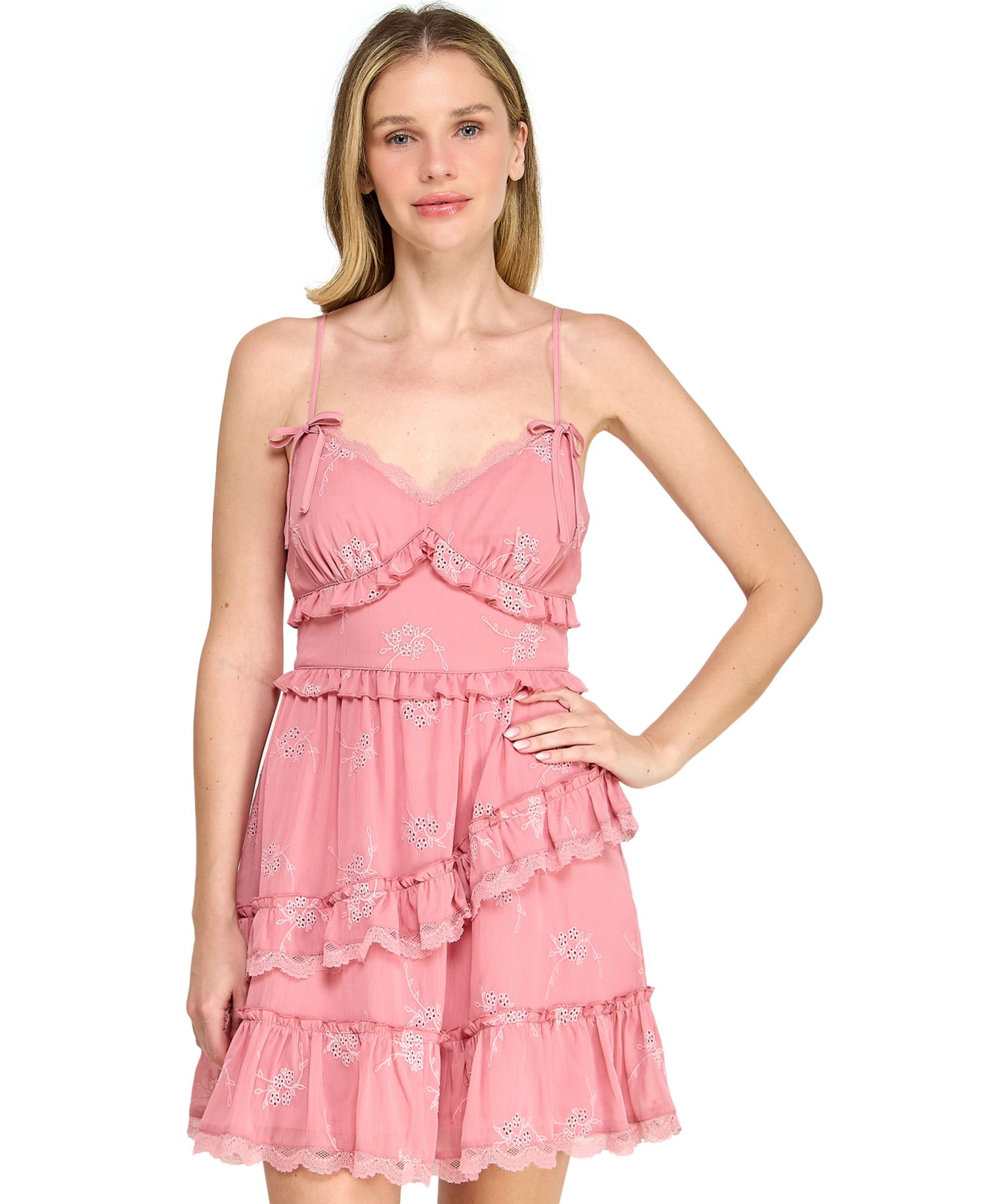 Juniors' Sweetheart Neck Embroidered Short Dress