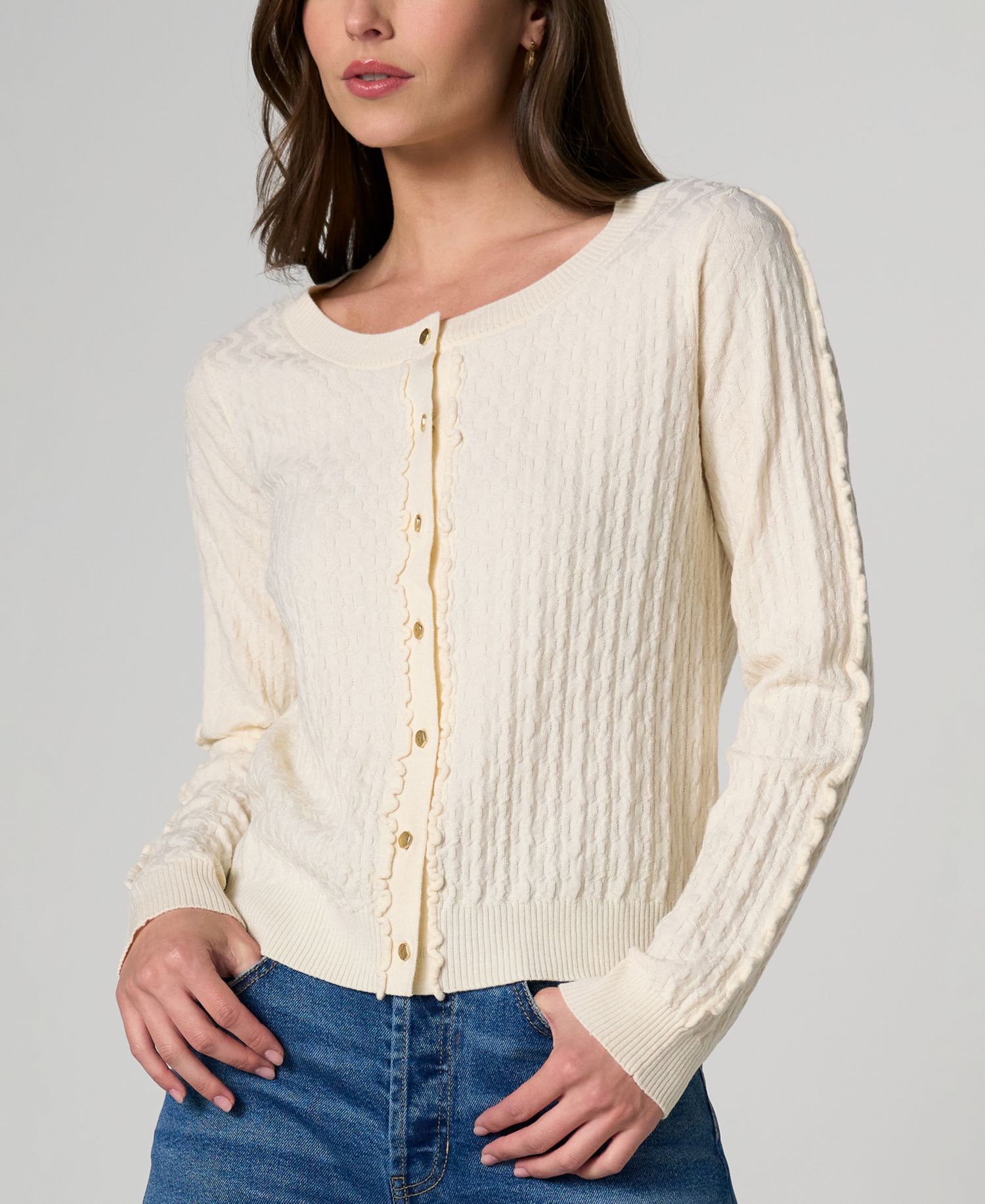 Petite Button-Front Ruffle Trim Cardigan Sweater