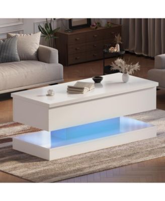 47.2 Inch Large Lift Top Coffee Table Modern High Glossy LED Storage Table with APP Control for Living Room Dining Room Home Office