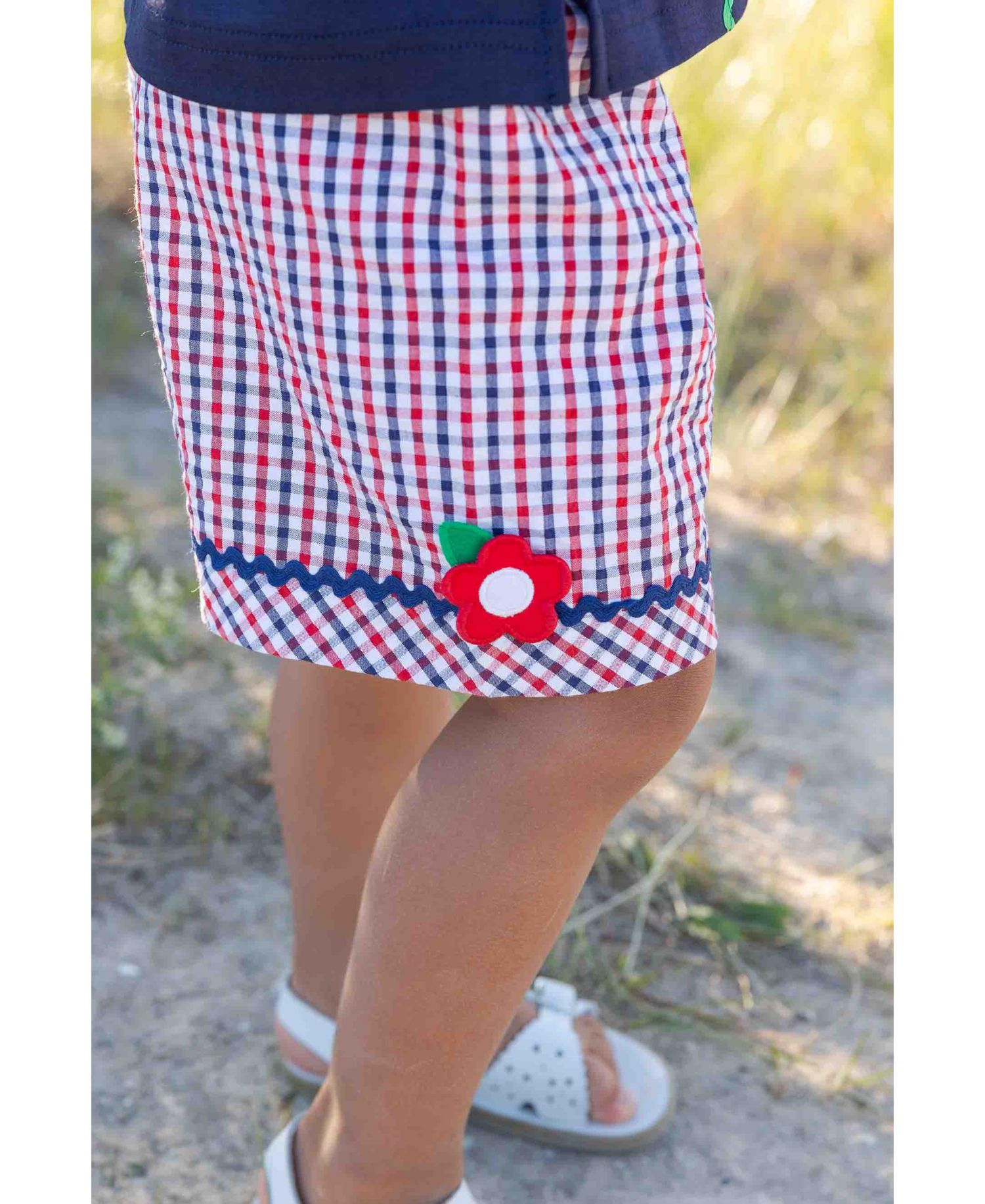 Little Girls Plaid Seersucker Shorts With Ric Rac and Flowers