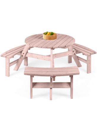 6-Person Circular Outdoor Wooden Picnic Table with 3 Built-In Benches, Umbrella Hole