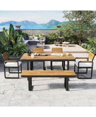 6-Piece Acacia Wood Outdoor Dining Set with Cushions, Table, Chairs and Bench