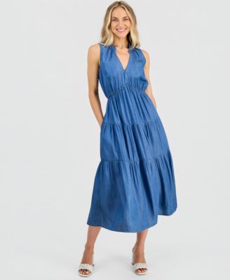 Women's V-Neck Sleeveless Tiered Midi Dress