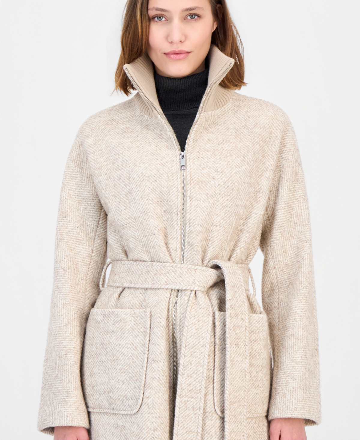 Calvin Klein Women's Belted Knit-Collar Textured Coat