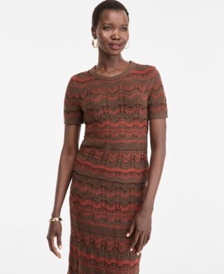 Women's Short Sleeve Metallic Crochet Stripe Sweater