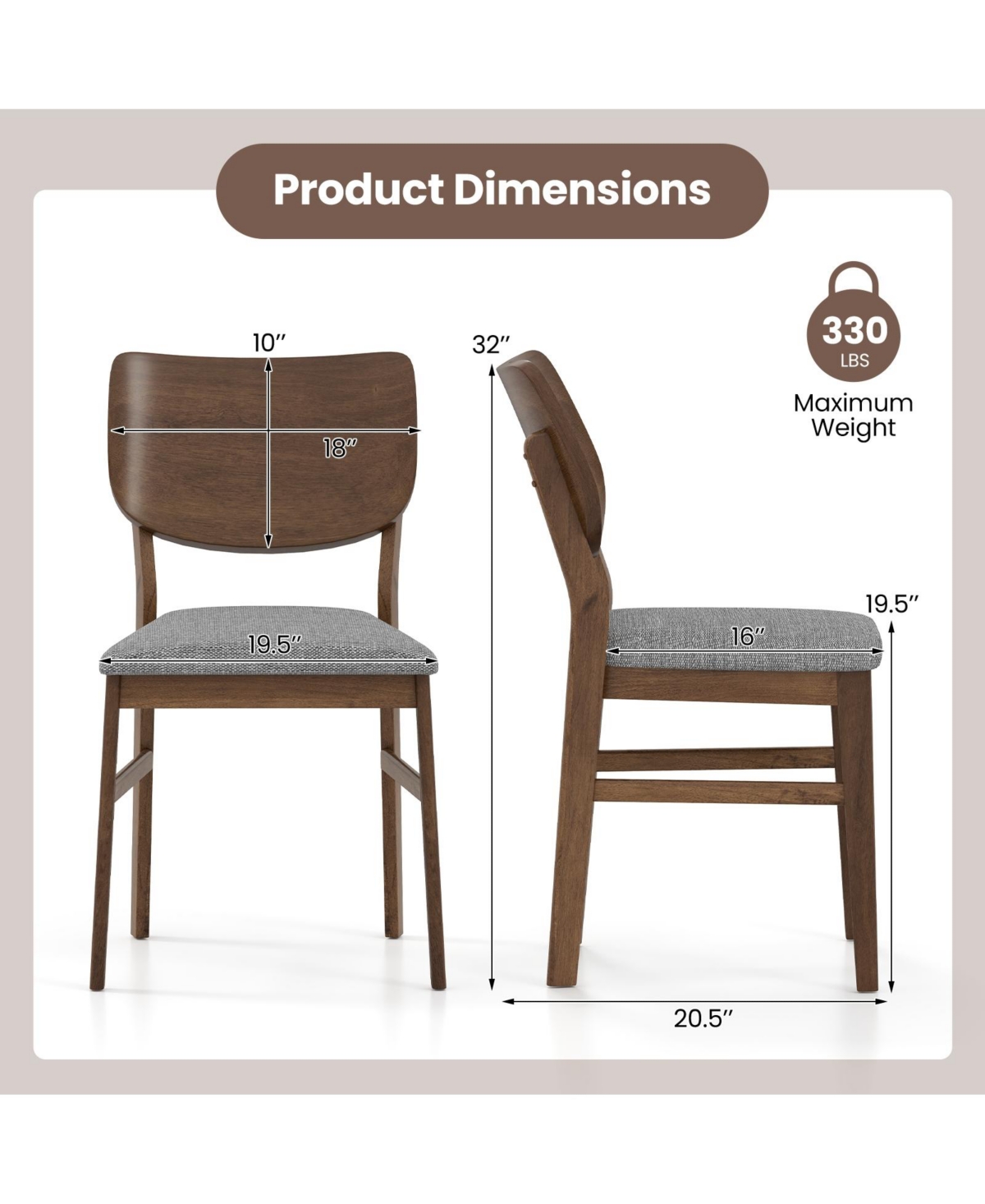 Slickblue Set of 2 Farmhouse Kitchen Chairs Upholstered with Rubber Wood Frame for Dining Room
