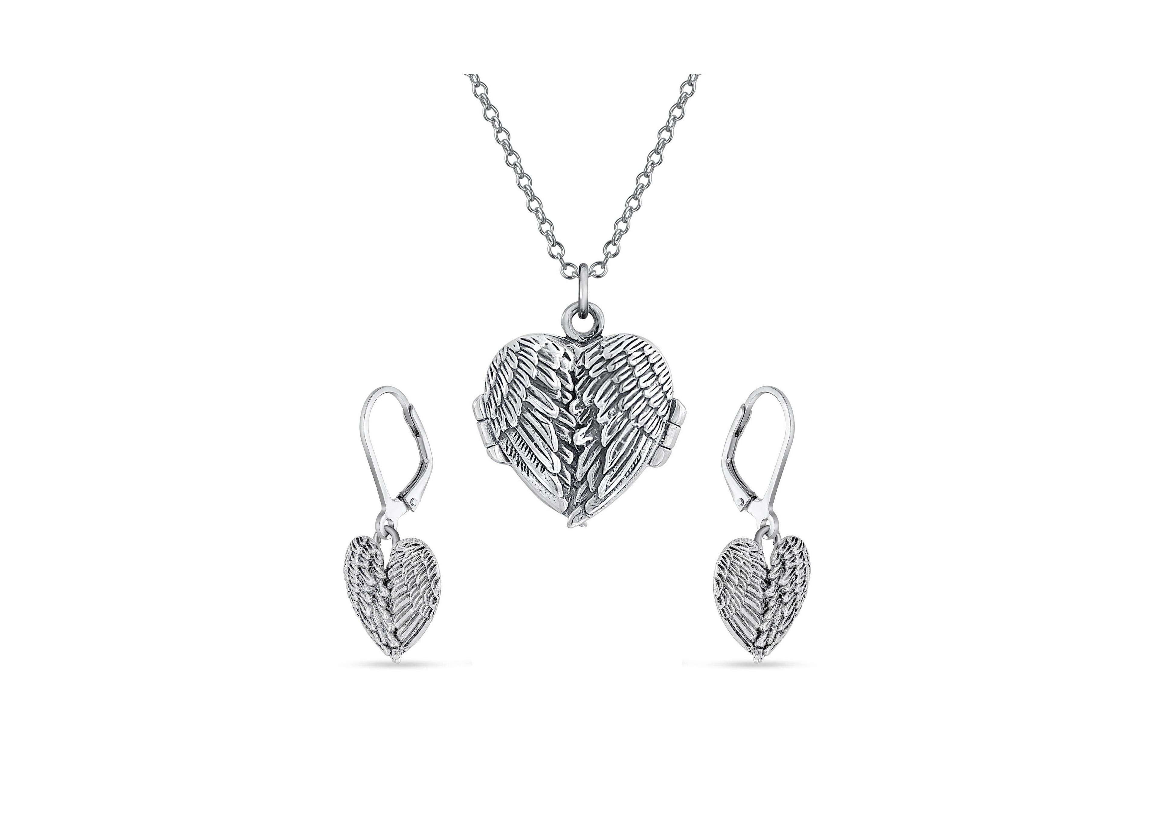 Bling Jewelry Spiritual Jewelry Set Heart and Angel Wings Locket Necklace and Drop Earrings