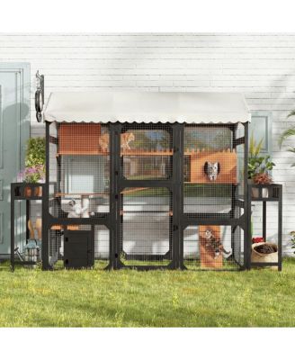Outdoor Cat Enclosure, Multi-Level Wood Catio with Plant Stands, Roof for Backyard Patio