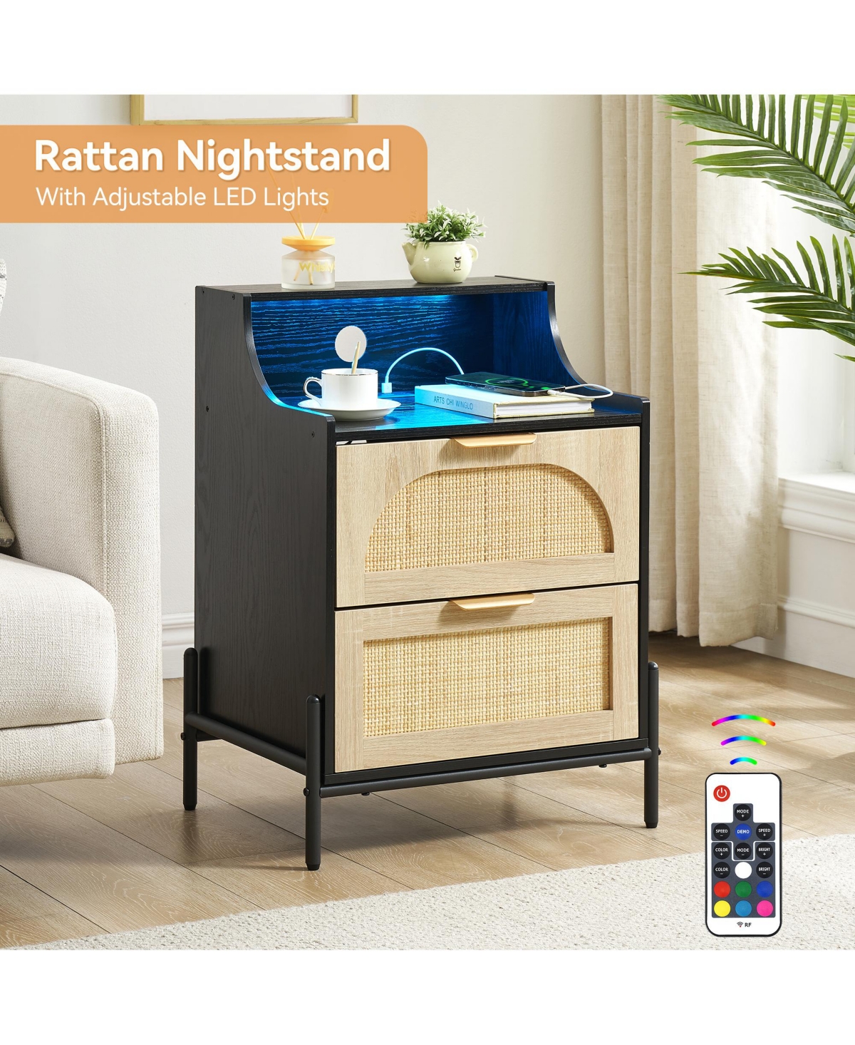homfan Rattan Nightstand with Charging Station Led Light, 2 Decorative Rattan Drawers and Open Shelves Modern Small End Table for Living Room