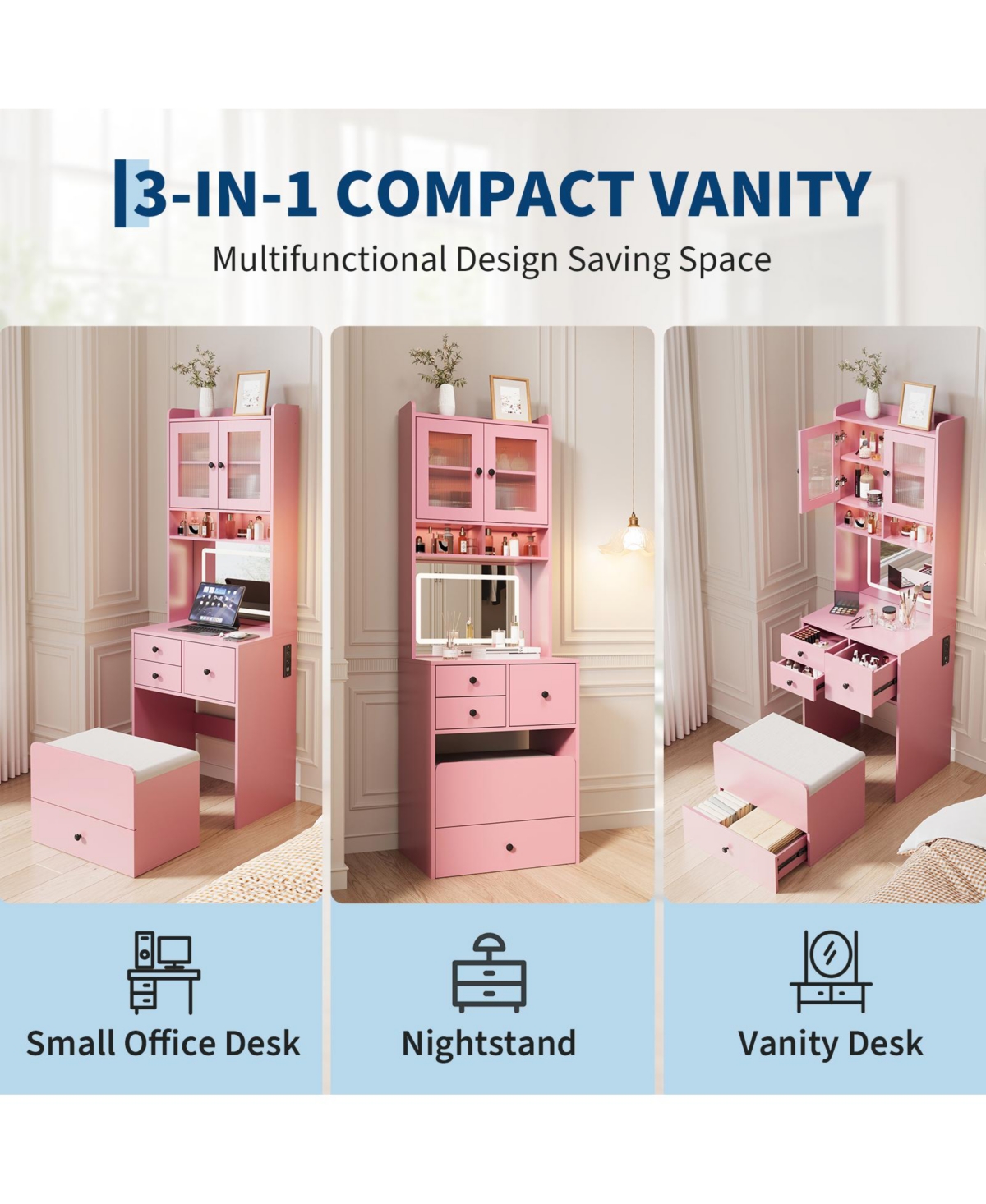 gaomon Compact 3-in-1 Vanity Desk with Mirror and Led Lights - Modern Makeup Table Drawers, Storage Compartment, Rolling Chair