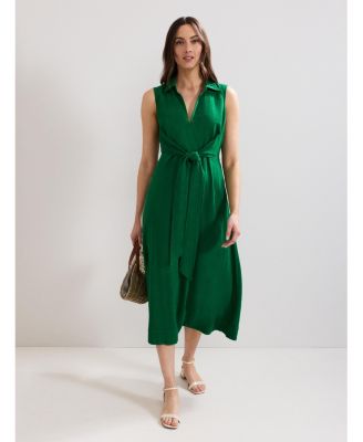 Women's Sculpted Tie-Waist Midi Shirt Dress