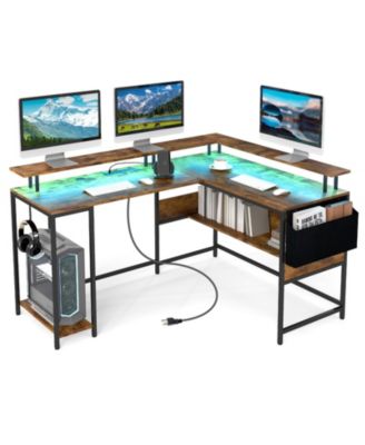 L Shaped Computer Desk with LED Lights and Charging Ports