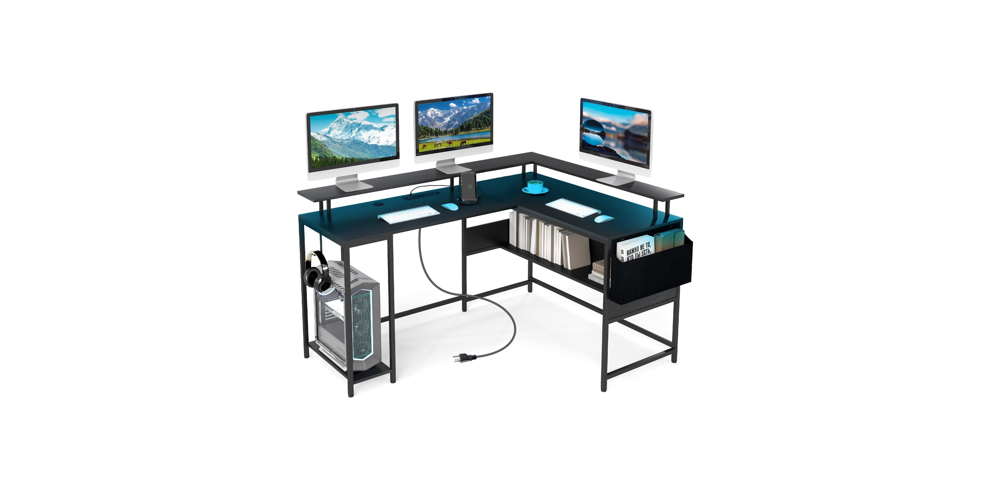 Slickblue L Shaped Computer Desk with Led Lights and Charging Ports
