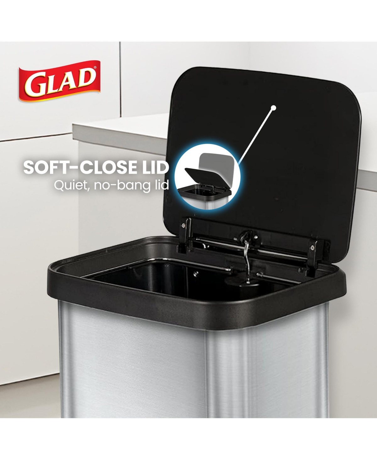 Glad Step Trash Can, Soft Close Lid Bin with Odor Protection, 20 Gal, Stainless
