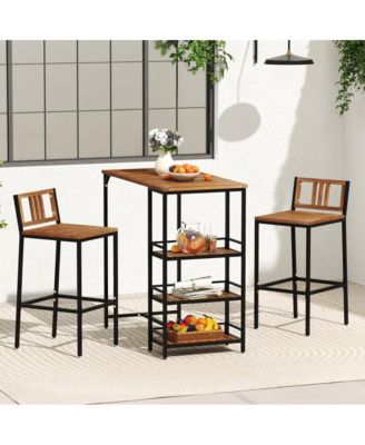 3 Pieces Outdoor Wood Bar Set with 3-Tier Storage Shelf and Metal Frame