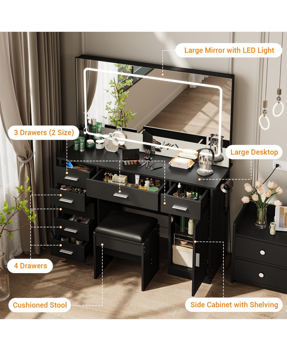 gaomon Modern Vanity Desk Set with Mirror, 7 Drawers, 3-Mode Led Lighting, Hair Dryer Holder - Makeup Dressing Table with Chair for Bedroom