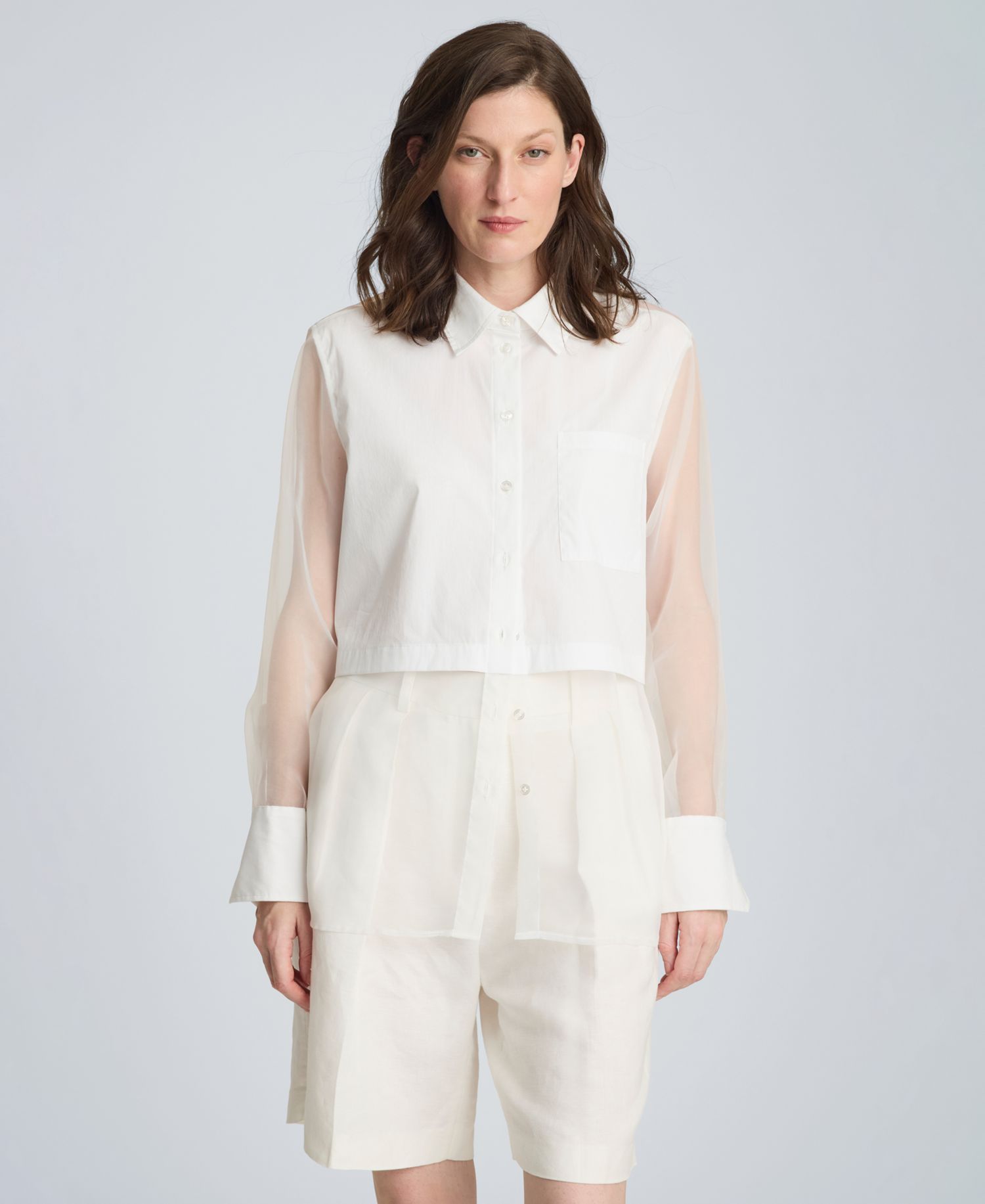 Women's Button Front Shirt with Sheer Overlay