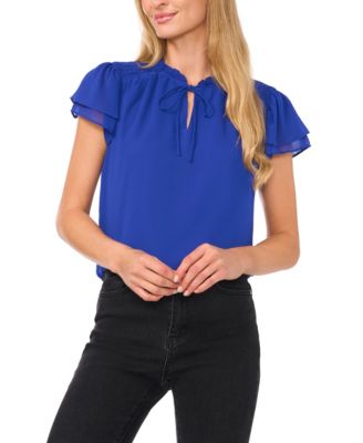 Women's Tie-Neck Short Flutter-Sleeve Blouse