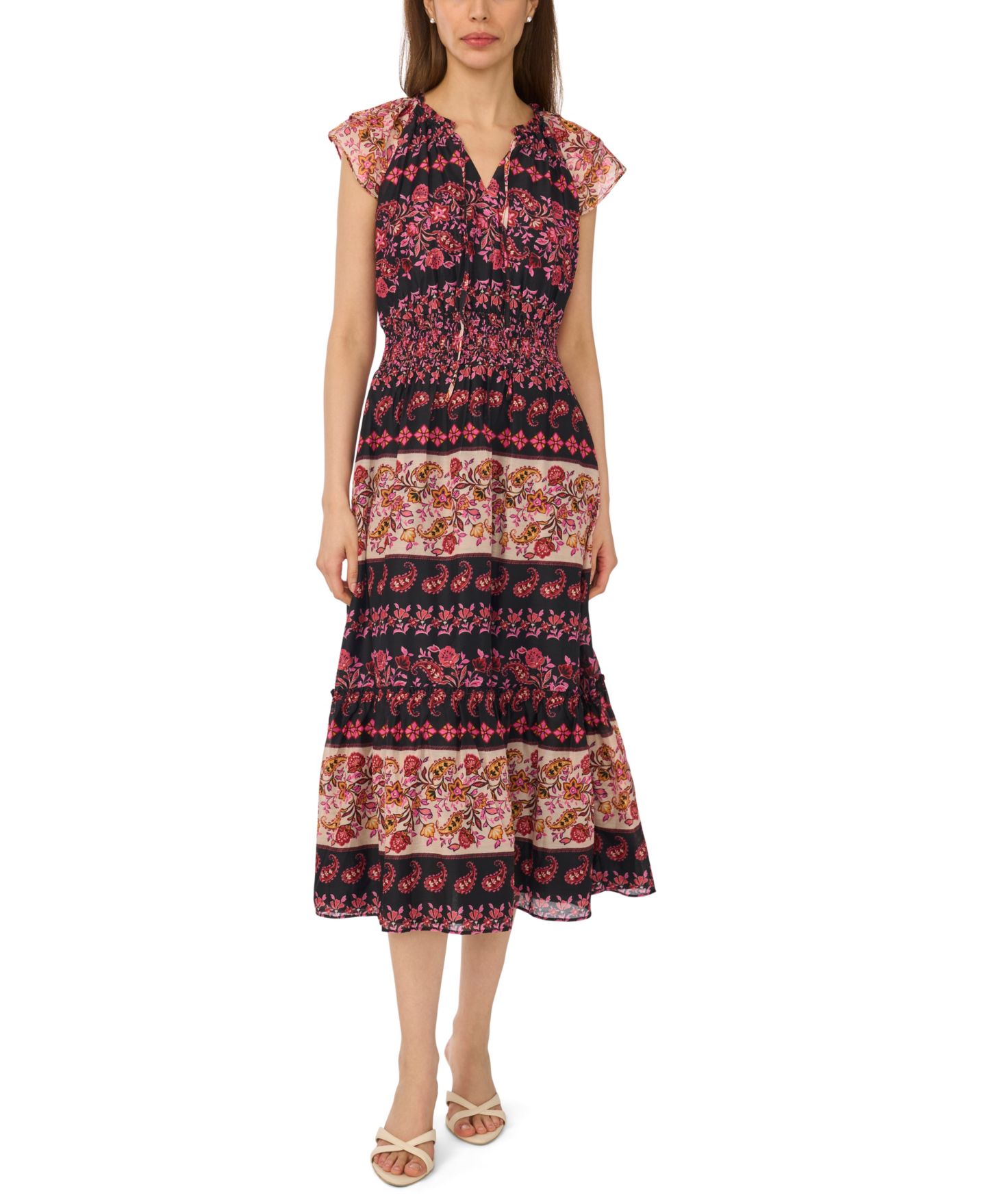 Женское платье CeCe Tie-Neck Smocked Waist Printed, цвет: Насыщенный чёрный — фото 2