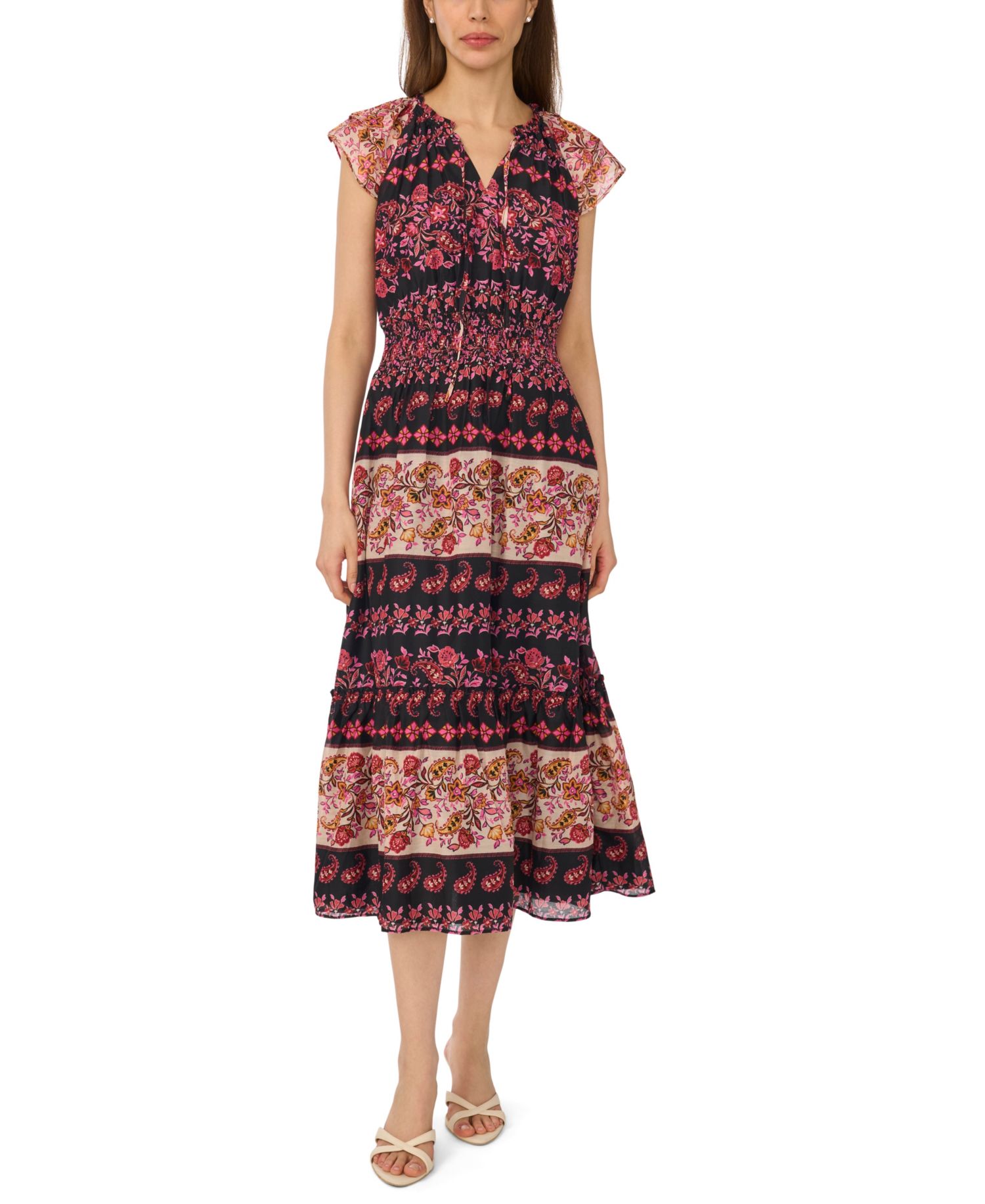 Women's Tie-Neck Smocked Waist Printed Dress