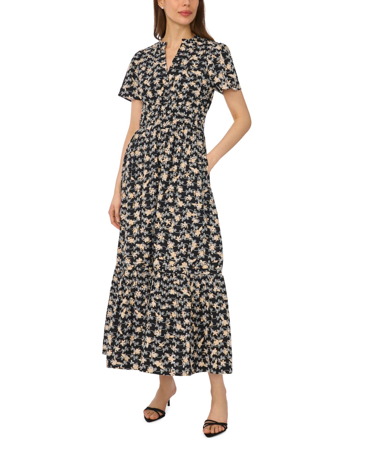 Женское платье CeCe Short-Sleeve V-Neck Printed Maxi, цвет: Насыщенный чёрный — фото 1
