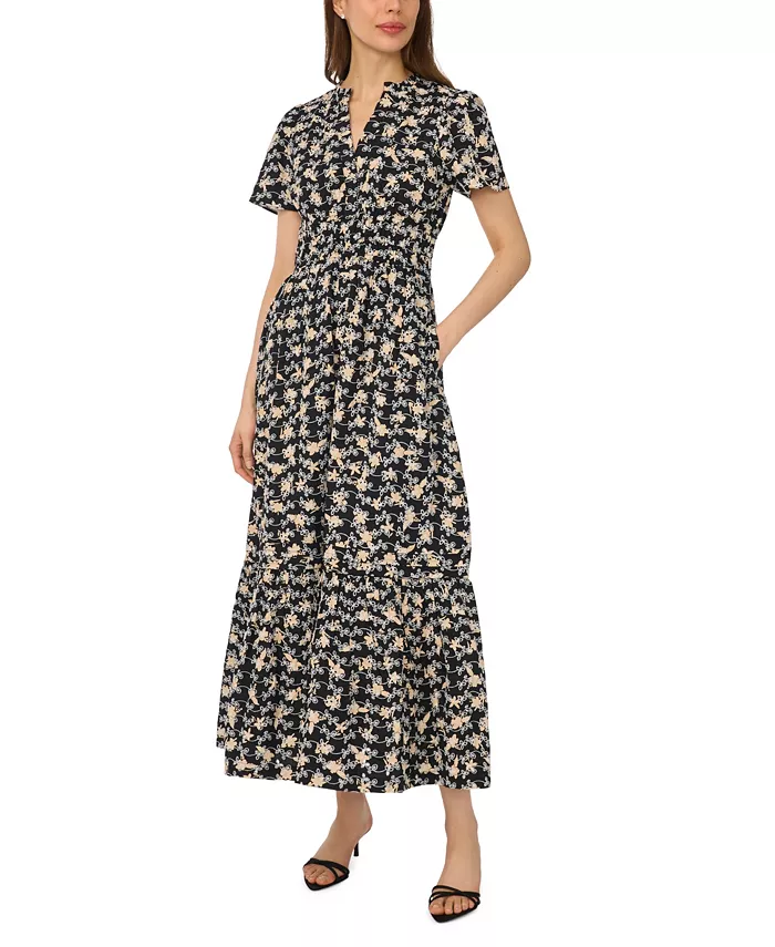 Women's Short-Sleeve V-Neck Printed Maxi Dress