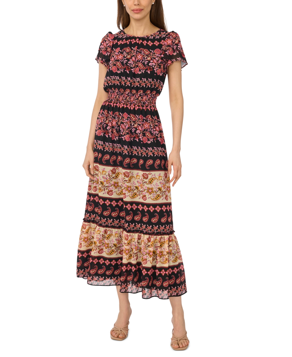 CeCe Women's Short-Sleeve Printed Maxi Dress - Rich Black