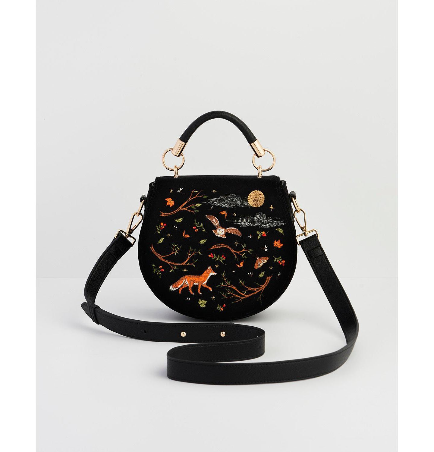 Женская сумка Fable England Fox And Owl Embroidered Top Handle Saddle, цвет: Чёрный — фото 4