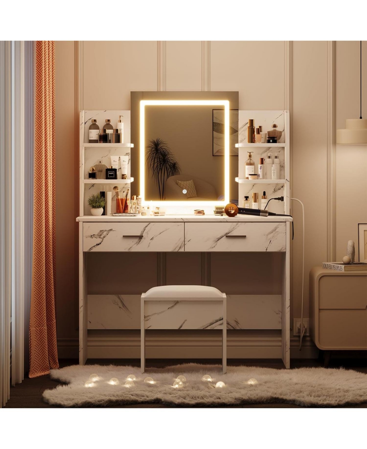 gaomon Makeup Vanity Desk with Led Mirror, 2 Drawers, Power Outlet & Cushioned Stool, 3 Light Modes