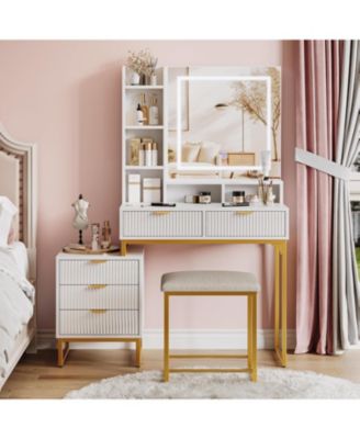 Makeup Vanity Desk with LED Mirror, 5 Drawers, Removable Cabinet & Cushioned Stool