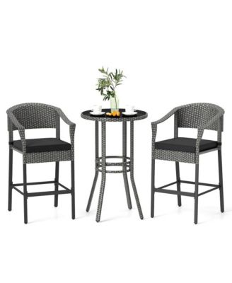 3-Piece Patio Rattan Bar Set with Tempered Glass Top for Backyard Poolside