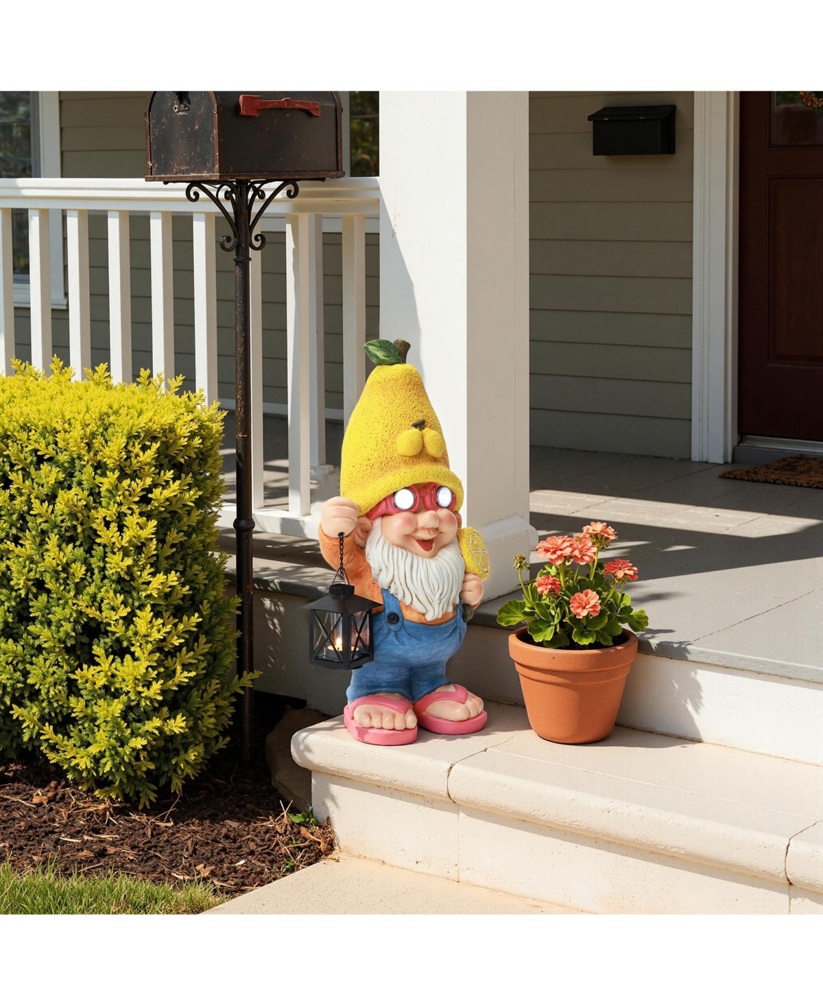 LuxenHome 18" Solar Powered Garden Gnome Outdoor Statue with Lantern, Lemon Hat Gnome Sculpture for Lawn, Garden