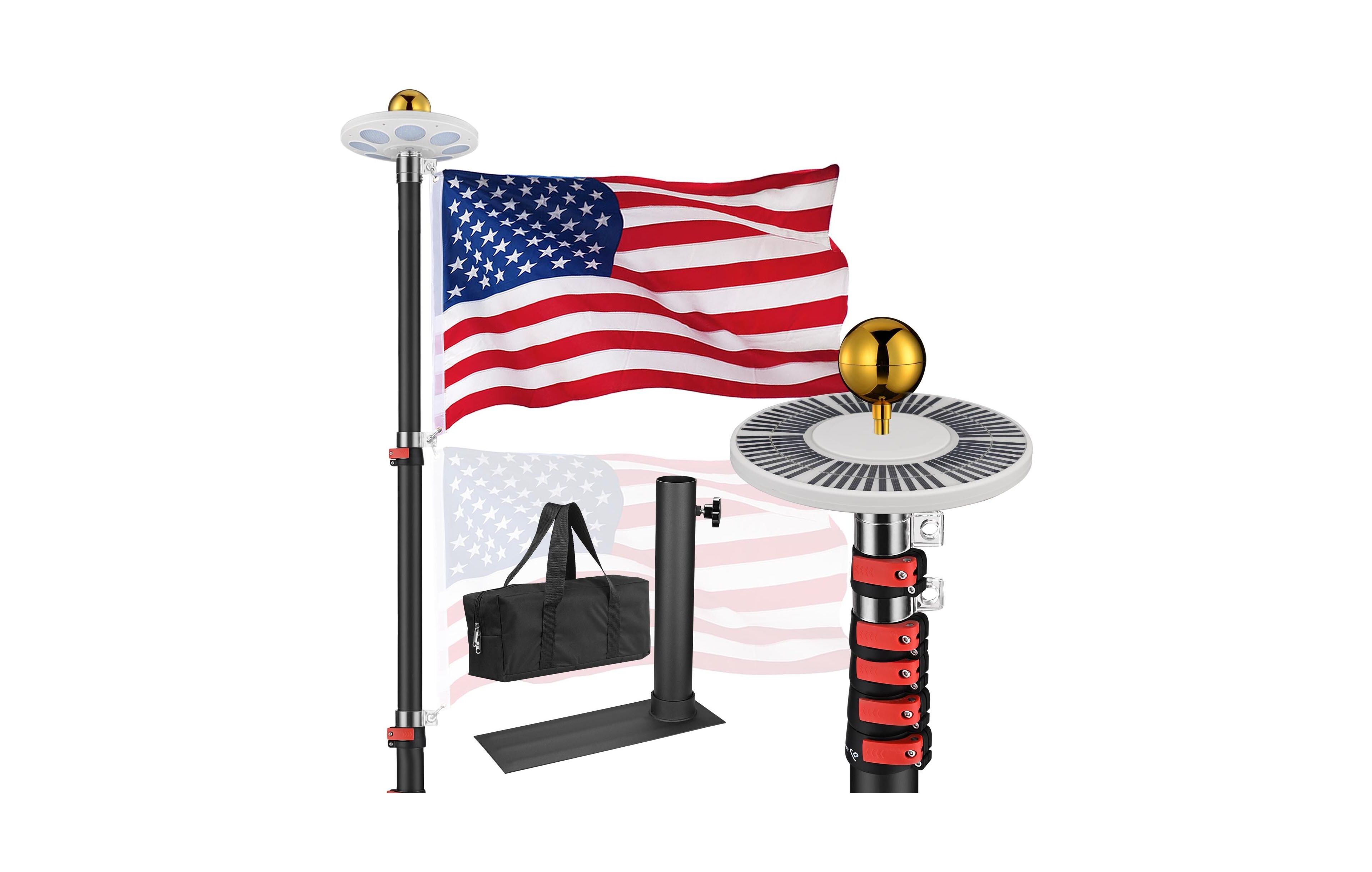 Yescom Ez Go 20Ft Telescopic Flag Pole Kit with Solar Light & Tire Mount Base for Tailgate Outside