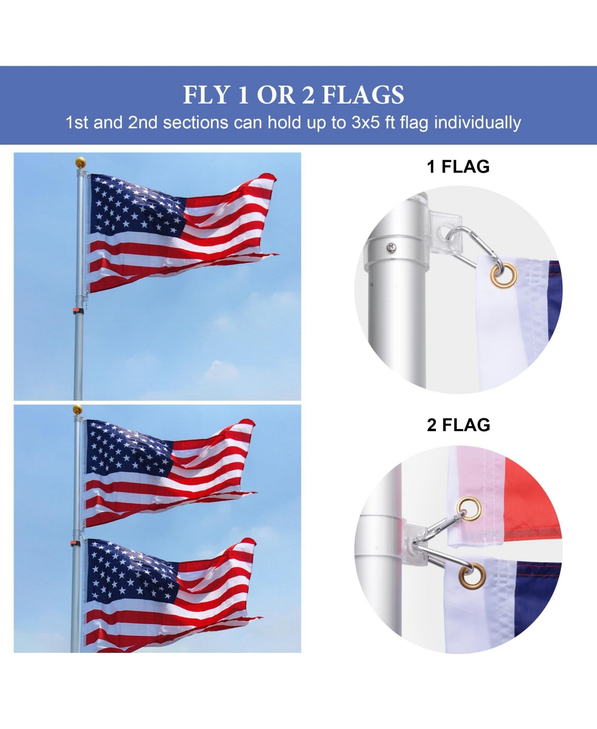 Yescom Ez Go 30Ft Aluminum Telescopic Flag Pole Kit w/ Solar Light and Flagpole Holder for Outside House
