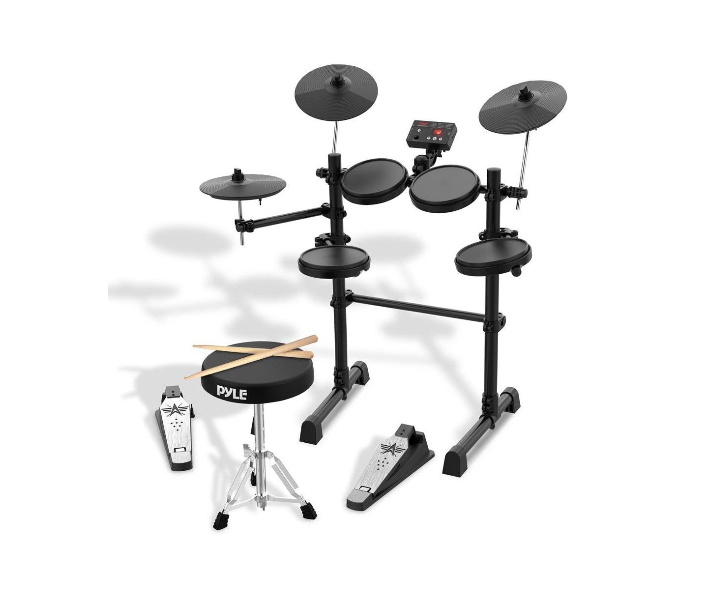 Детские игрушки Pyle 7-Piece Electric Drum Set with MIDI Support, Preloaded Sounds, Cymbals, Foot Pedals, and Mac/PC Compatibility, цвет: Чёрный — фото 1