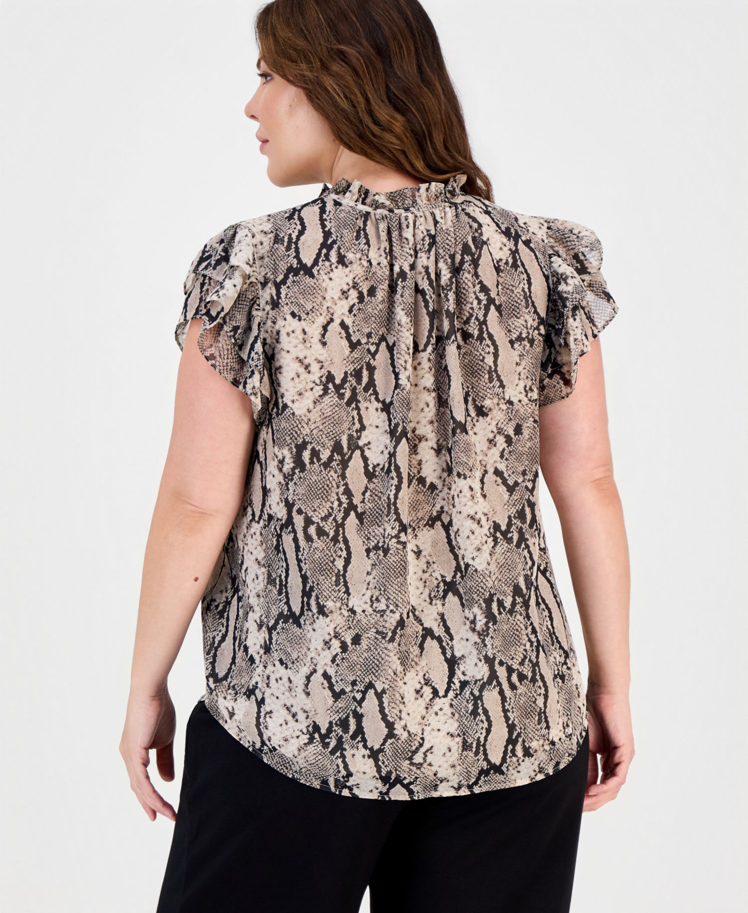 Plus Size Printed Split-Neck Flutter-Sleeve Blouse
