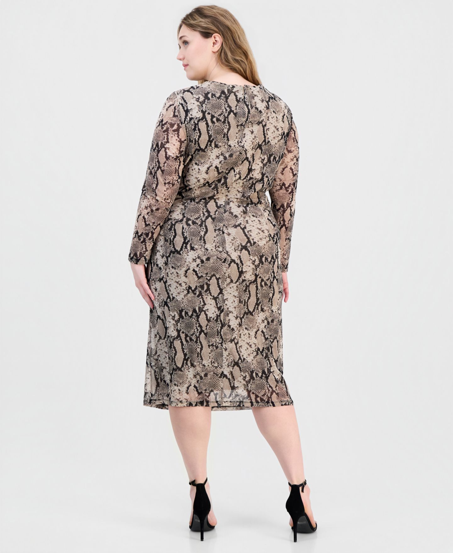 Женское платье Anne Klein Nne Klein Plus Size Snake-Print Shirred-Waist Long-Sleeve Midi, цвет: Натуральный глиняный разноцветный — фото 3