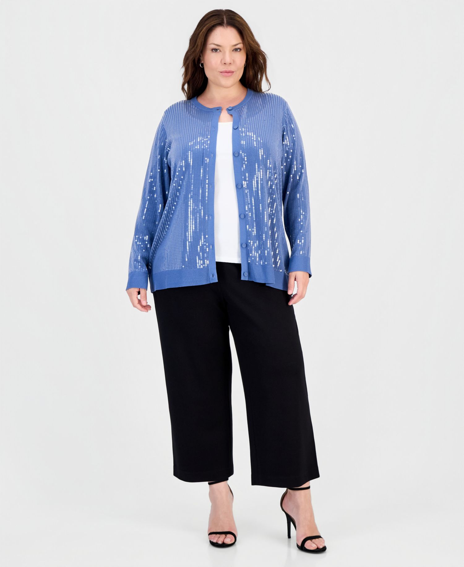 Plus Size Sequin-Front Crewneck Cardigan